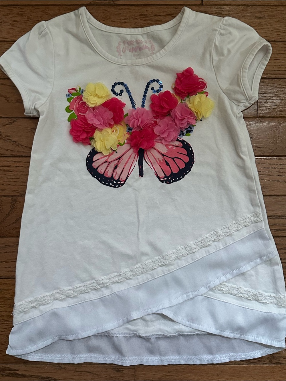 Flapdoodles White Tee with Pink Butterfly and 3D Pink & Yellow Flowers